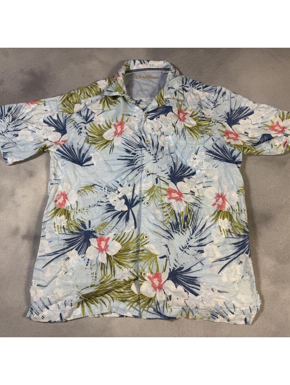 2000s Caribbean Mens M Hawaiian Shirt Blue Hibiscus Tropical Resort, linen